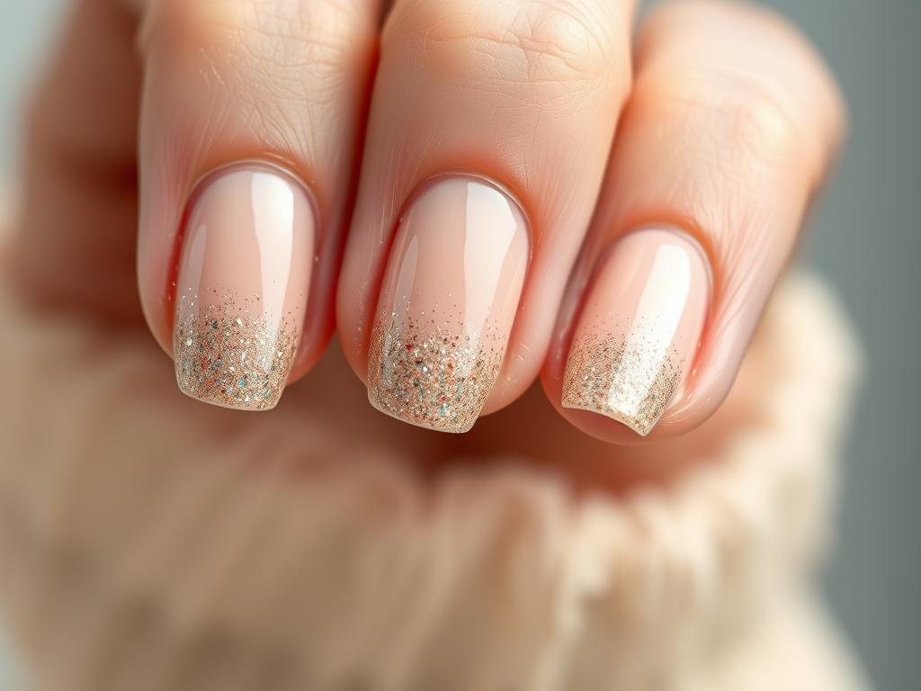 Paznokcie cieliste z brokatem w stylu ombre Paznokcie cieliste z brokatem w stylu ombre