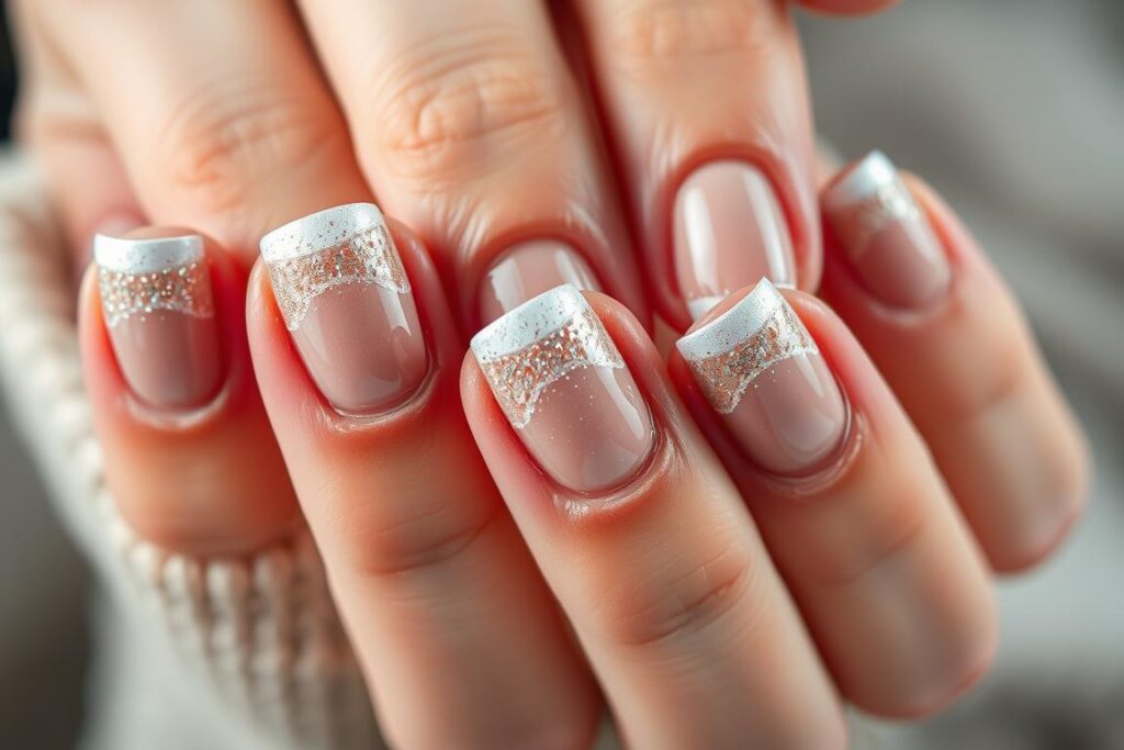 Paznokcie cieliste z brokatowym french manicure Paznokcie cieliste z brokatowym french manicure