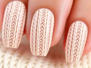 Paznokcie hybryda sweterek w jasnych odcieniach z wypukłym wzorem przypominającym dzianinę