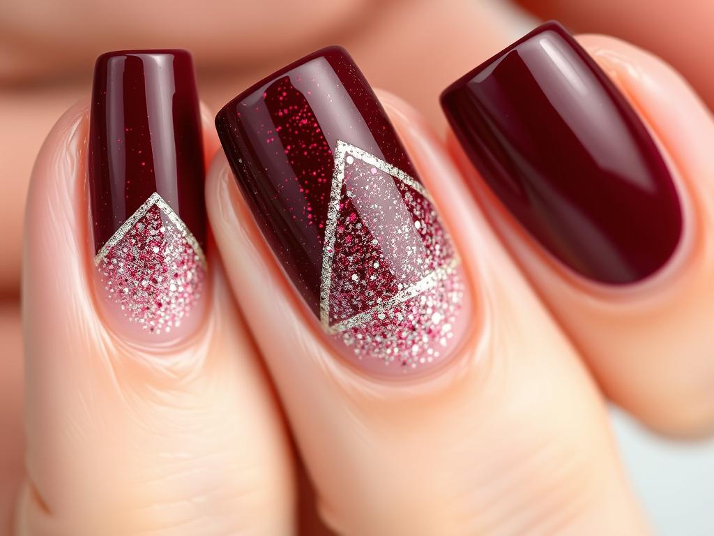 Paznokcie hybrydowe bordowe z brokatem i wzorami geometrycznymi Paznokcie hybrydowe bordowe z brokatem i wzorami geometrycznymi