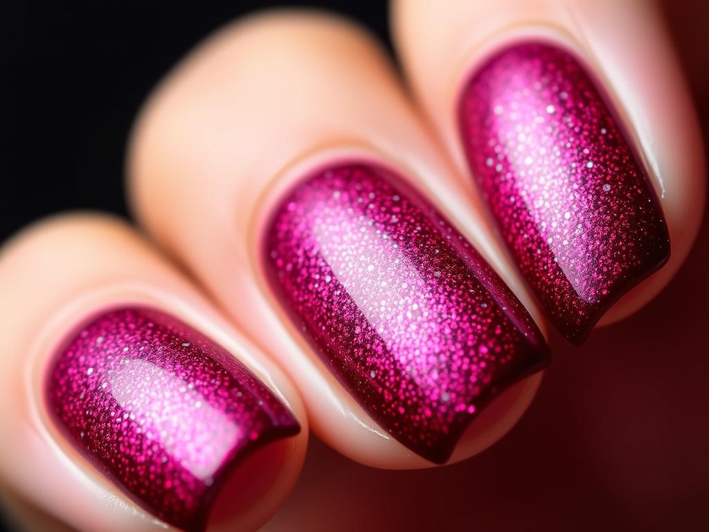 Paznokcie hybrydowe bordowe z brokatowym ombre Paznokcie hybrydowe bordowe z brokatowym ombre