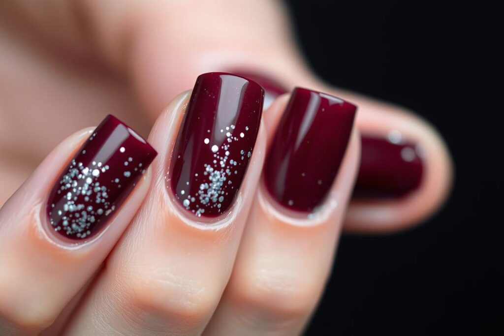 Paznokcie hybrydowe bordowe ze srebrnym brokatem Paznokcie hybrydowe bordowe ze srebrnym brokatem