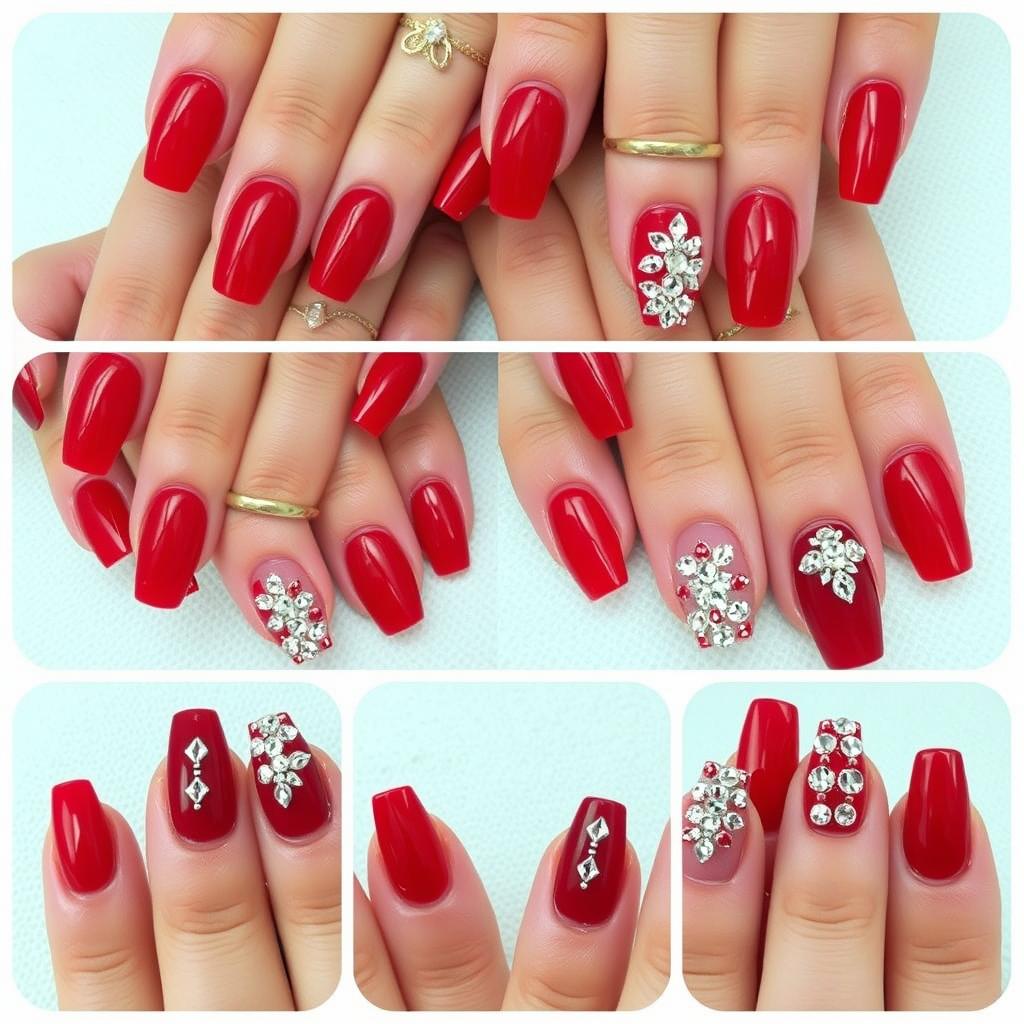 Paznokcie hybrydowe czerwone z cyrkoniami w różnych wzorach Paznokcie hybrydowe czerwone z cyrkoniami w różnych wzorach