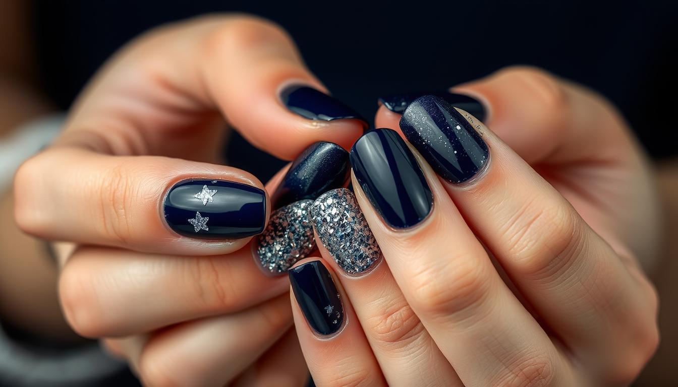 Paznokcie hybrydowe granatowe z brokatem na eleganckich dłoniach