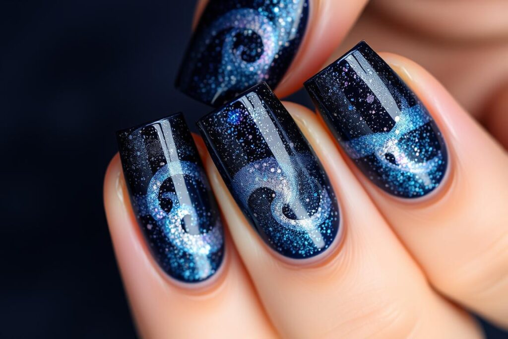 Paznokcie hybrydowe granatowe z brokatem w stylu galaktycznym Paznokcie hybrydowe granatowe z brokatem w stylu galaktycznym