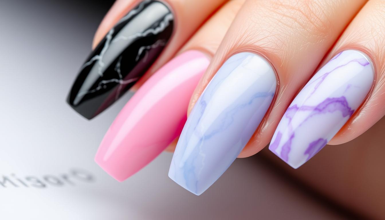 Paznokcie hybrydowe marmurkowe w różnych wariantach kolorystycznych