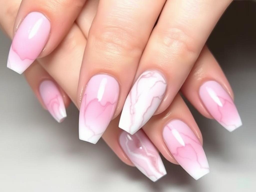 Paznokcie hybrydowe marmurkowe z efektem ombre w odcieniach różu i bieli Paznokcie hybrydowe marmurkowe z efektem ombre w odcieniach różu i bieli