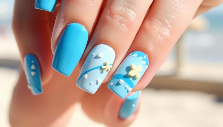 Paznokcie hybrydowe na wakacje w kolorach morza na tle plaży