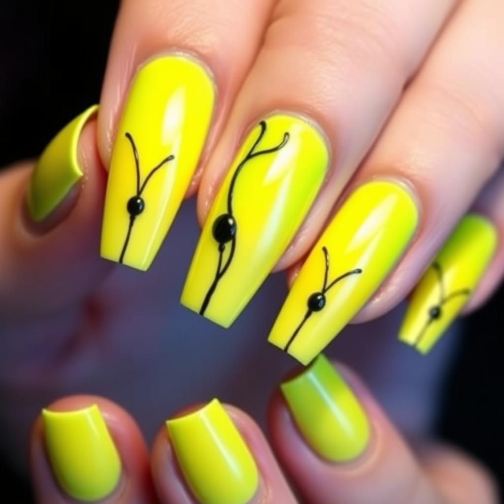 Paznokcie łączące neonową zieleń z neonowym żółtym i czarnymi akcentami Paznokcie łączące neonową zieleń z neonowym żółtym i czarnymi akcentami
