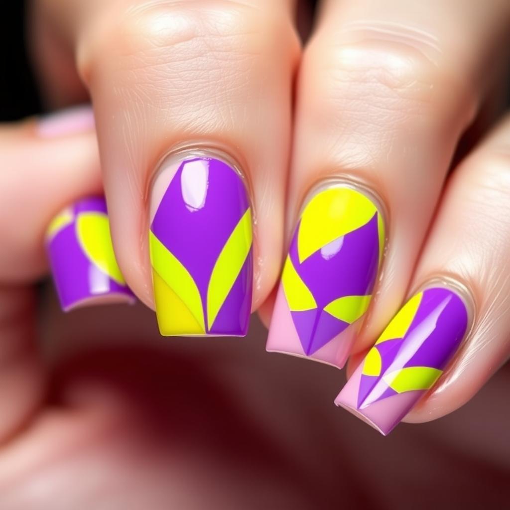 Paznokcie łączące neonowy fiolet z neonowym żółtym w geometryczne wzory Paznokcie łączące neonowy fiolet z neonowym żółtym w geometryczne wzory