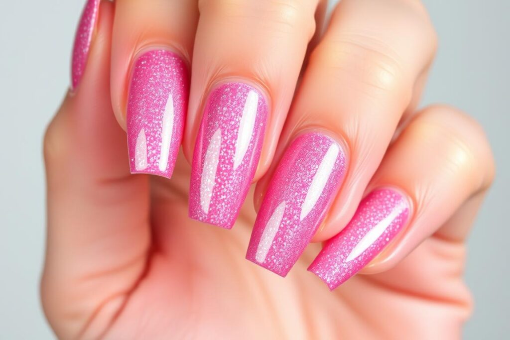 Paznokcie malinowe z brokatowym efektem holo Paznokcie malinowe z brokatowym efektem holo