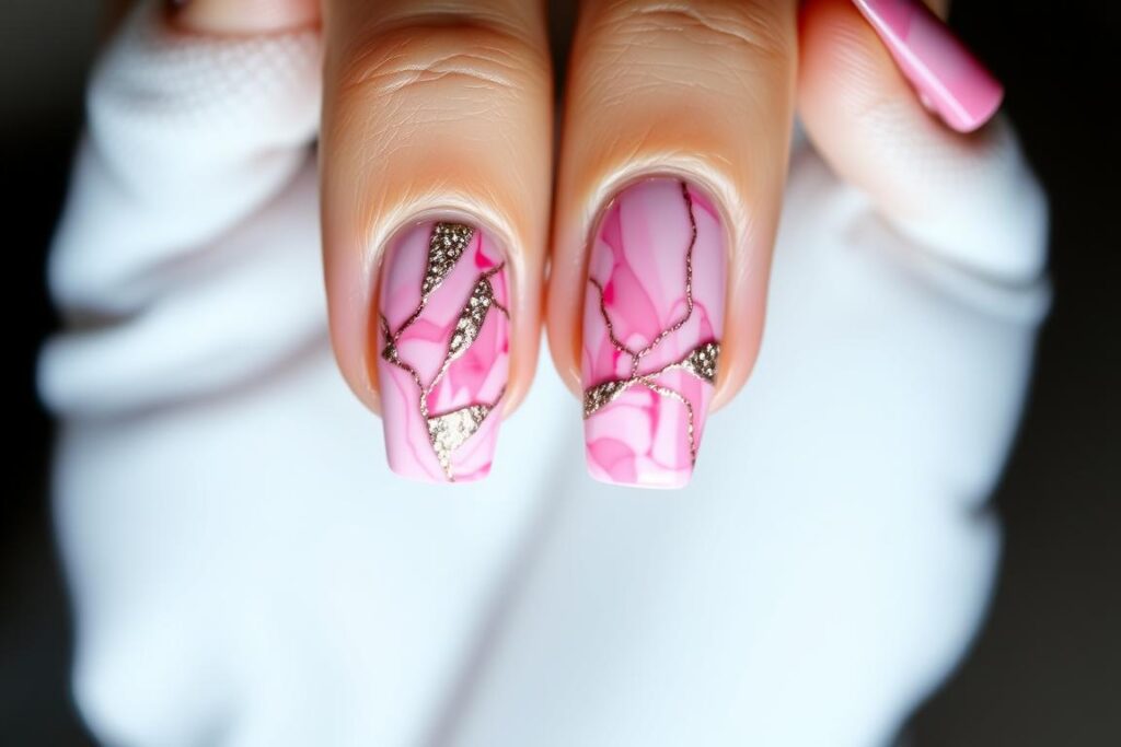 Paznokcie malinowe z brokatowym efektem marmuru Paznokcie malinowe z brokatowym efektem marmuru