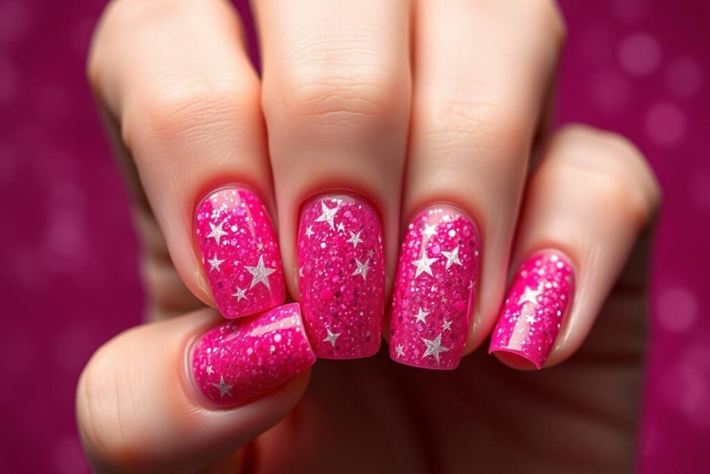 Paznokcie malinowe z brokatowym efektem rozgwieżdżonego nieba Paznokcie malinowe z brokatowym efektem rozgwieżdżonego nieba