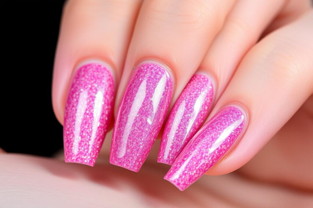 Paznokcie malinowe z brokatowym efektem syrenki Paznokcie malinowe z brokatowym efektem syrenki