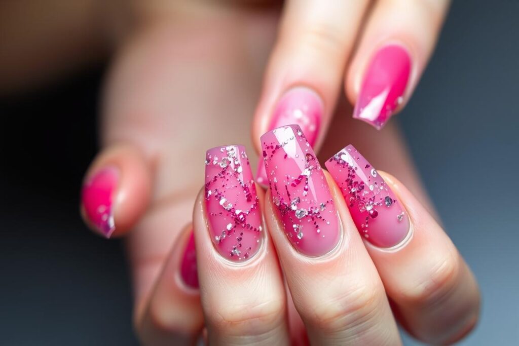 Paznokcie malinowe z brokatowym efektem szkła Paznokcie malinowe z brokatowym efektem szkła