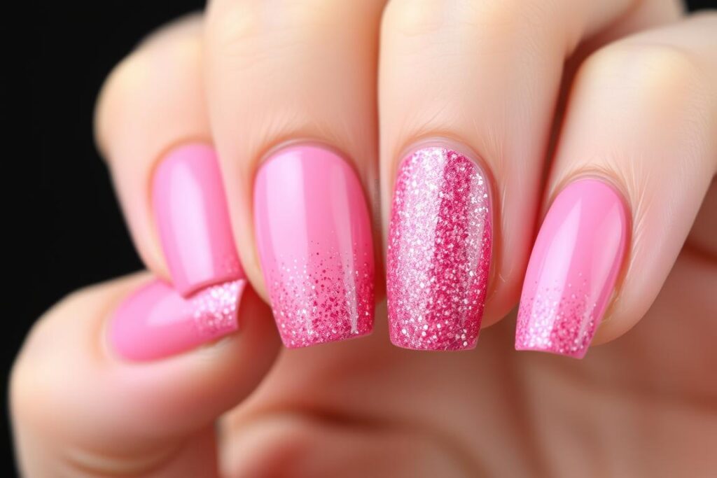 Paznokcie malinowe z brokatowym gradientem Paznokcie malinowe z brokatowym gradientem