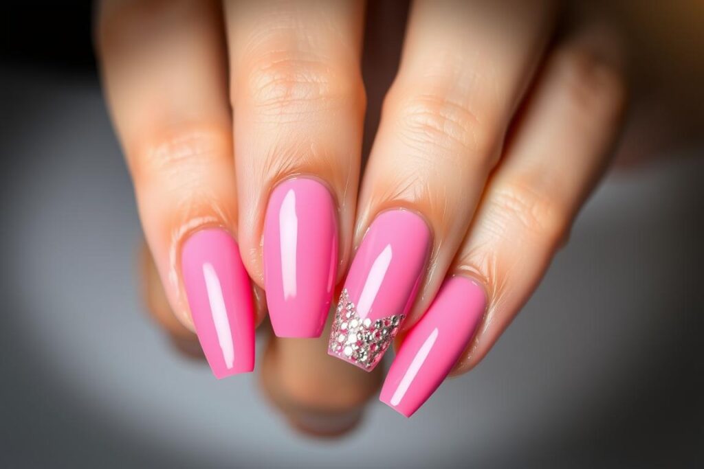 Paznokcie malinowe z brokatowym księżycem u nasady Paznokcie malinowe z brokatowym księżycem u nasady