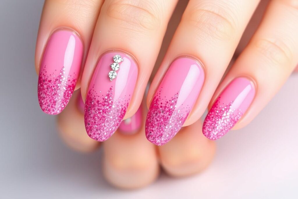 Paznokcie malinowe z brokatowym ombre i cyrkoniami Paznokcie malinowe z brokatowym ombre i cyrkoniami