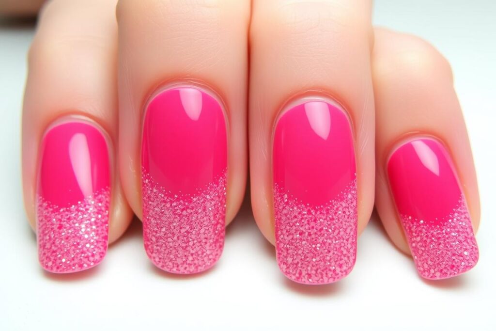 Paznokcie malinowe z brokatowym ombre na końcówkach Paznokcie malinowe z brokatowym ombre na końcówkach