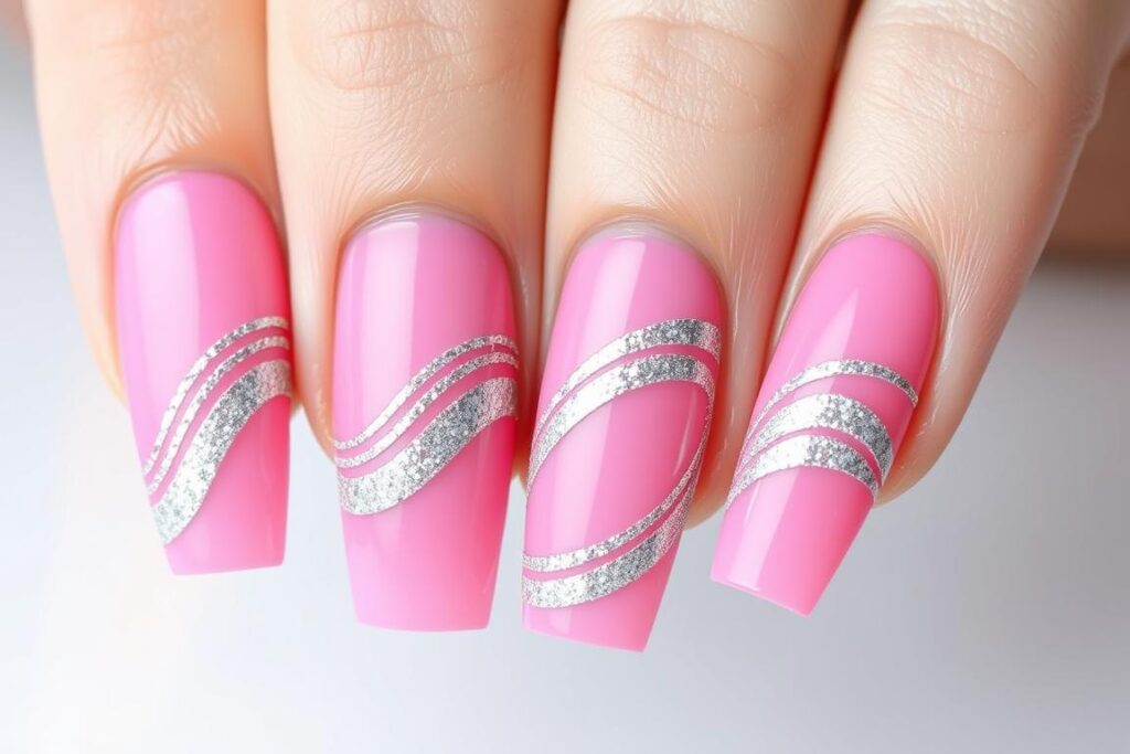 Paznokcie malinowe z brokatowymi falami Paznokcie malinowe z brokatowymi falami