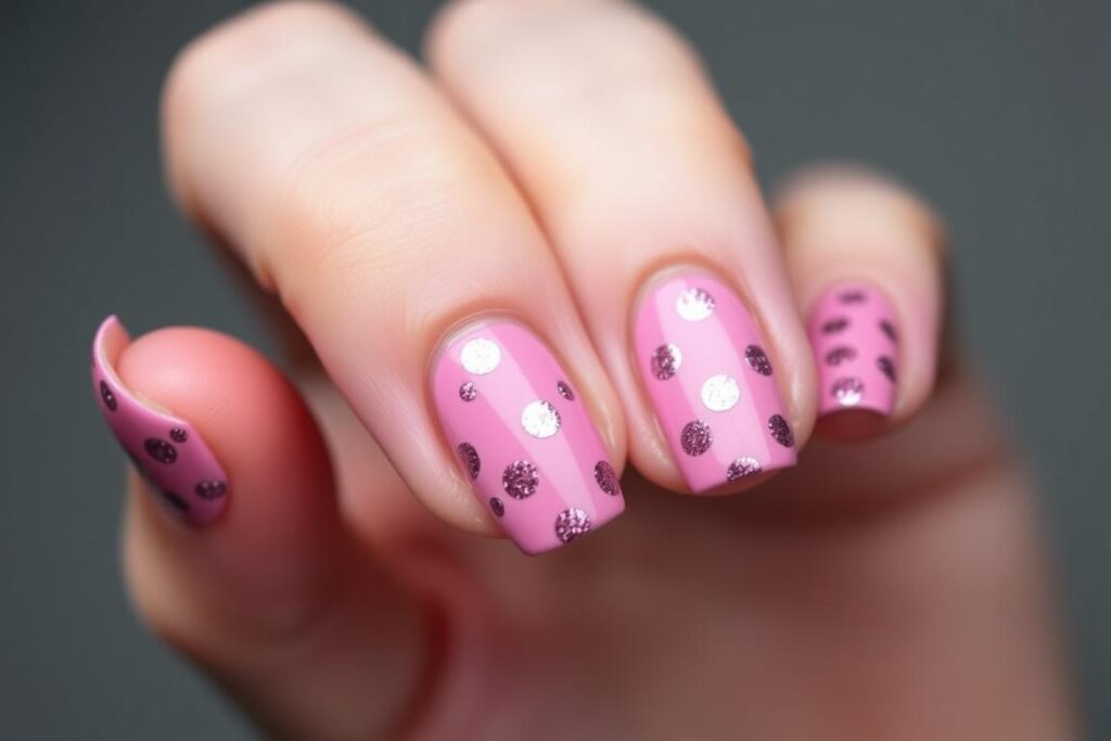 Paznokcie malinowe z brokatowymi kropkami Paznokcie malinowe z brokatowymi kropkami