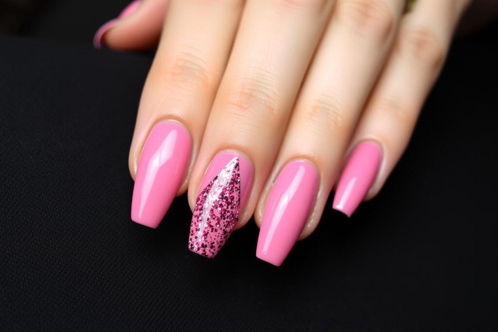 Paznokcie malinowe z brokatowymi trójkątami Paznokcie malinowe z brokatowymi trójkątami