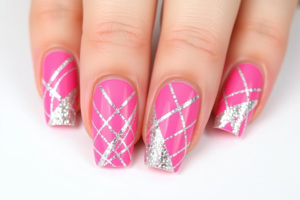 Paznokcie malinowe z brokatowymi wzorami geometrycznymi Paznokcie malinowe z brokatowymi wzorami geometrycznymi