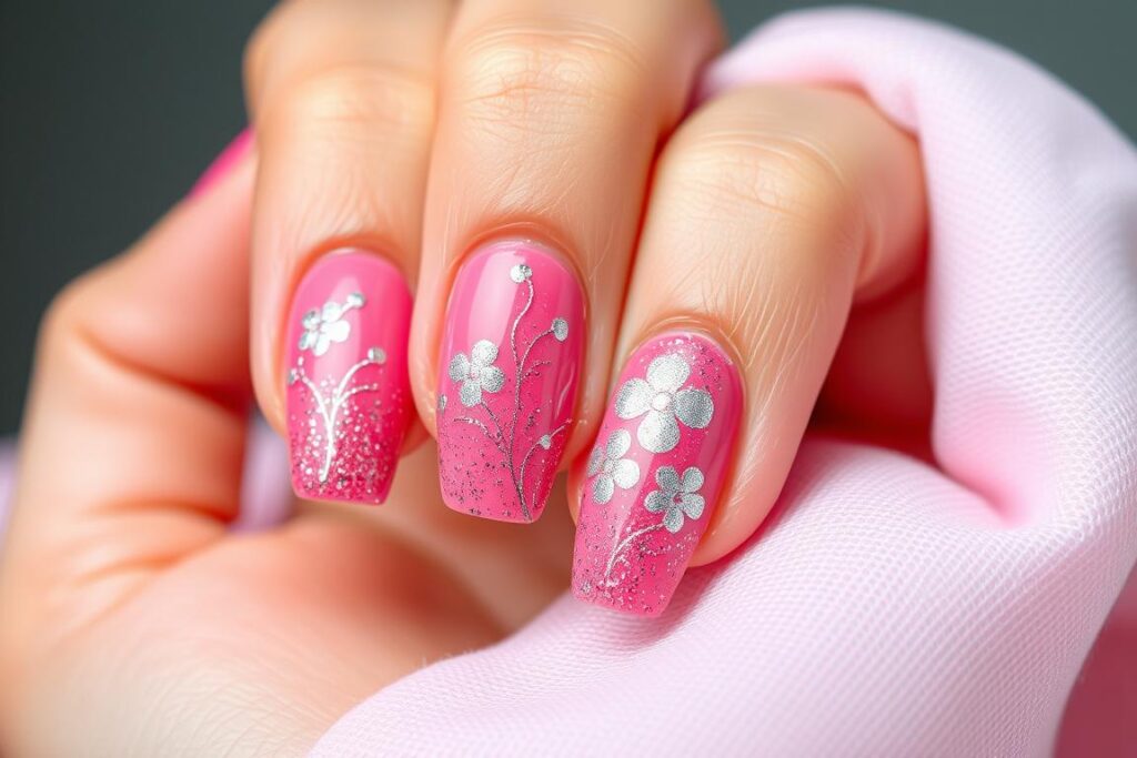 Paznokcie malinowe z brokatowymi wzorami kwiatowymi Paznokcie malinowe z brokatowymi wzorami kwiatowymi