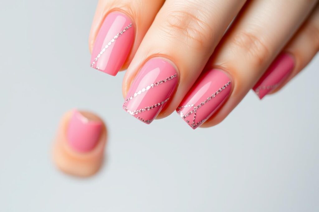 Paznokcie malinowe z cienkimi brokatowymi paskami Paznokcie malinowe z cienkimi brokatowymi paskami