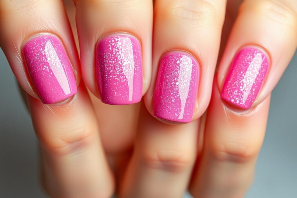 Paznokcie malinowe z delikatnym brokatowym pyłkiem Paznokcie malinowe z delikatnym brokatowym pyłkiem