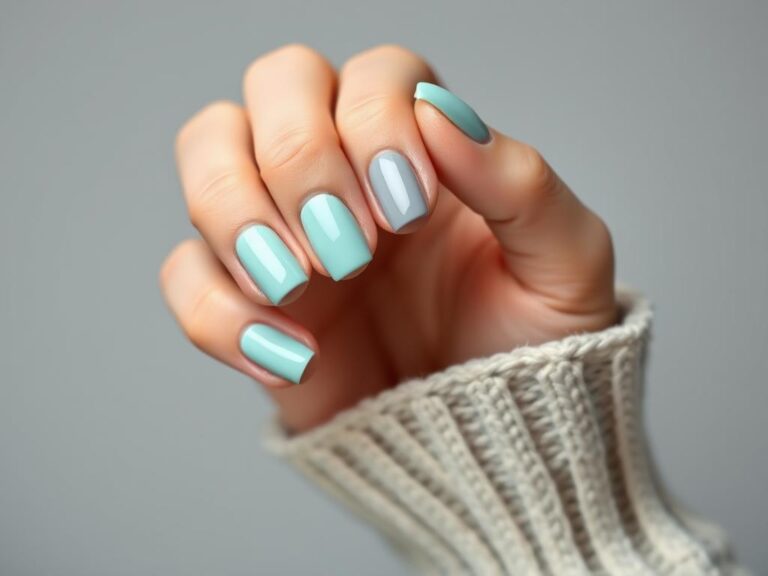 Paznokcie miętowo szare w eleganckim wydaniu na dłoni kobiety