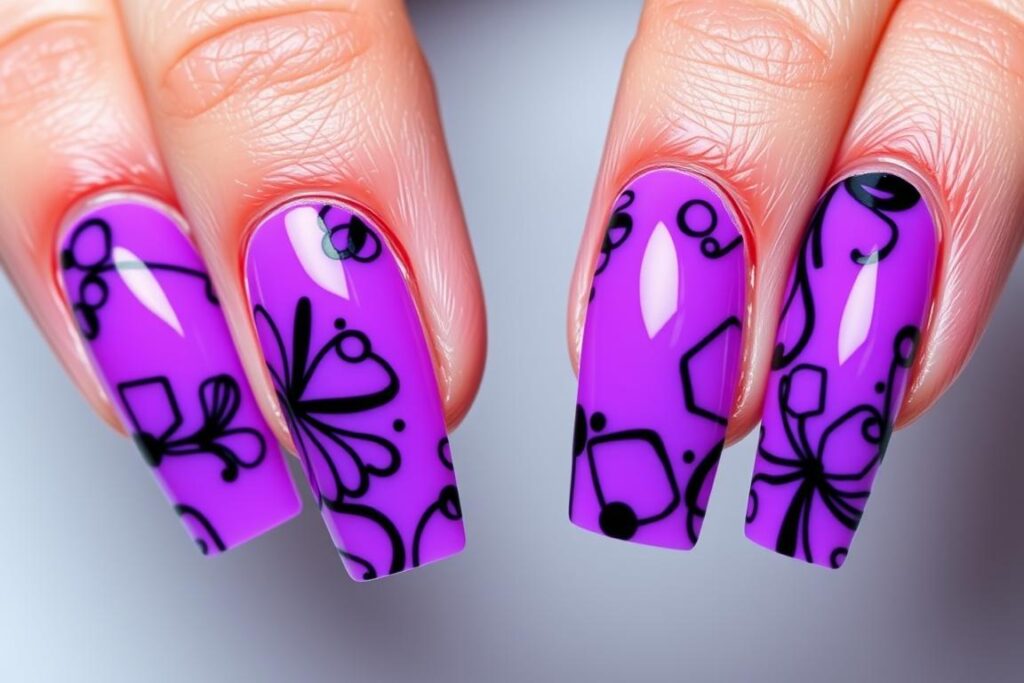 Paznokcie neonowe fioletowe z czarnym wzorem Paznokcie neonowe fioletowe z czarnym wzorem