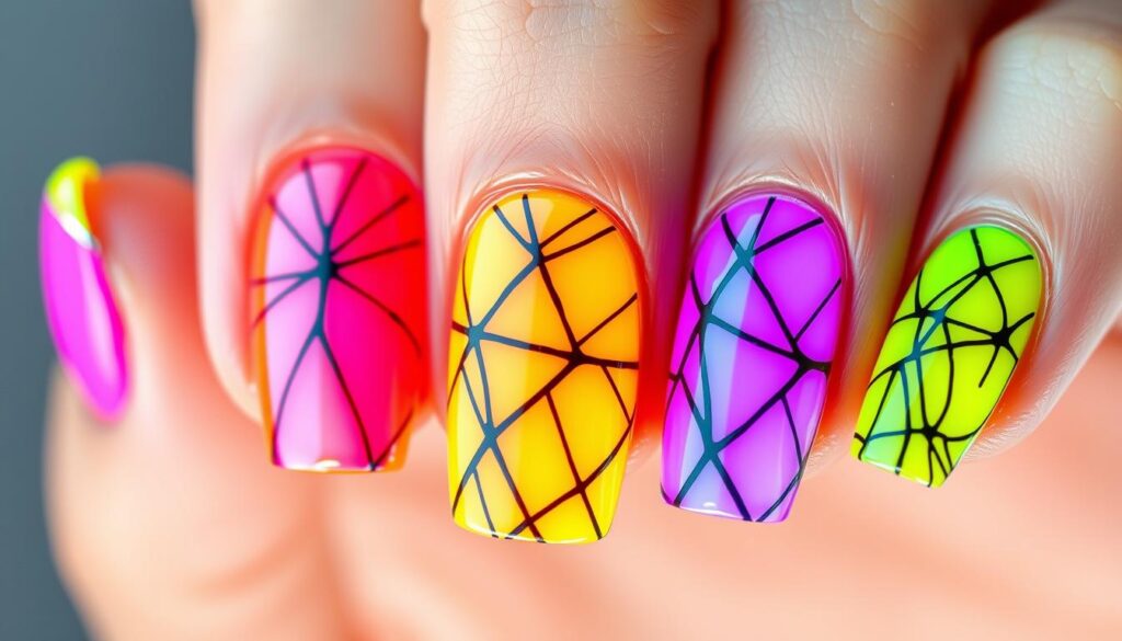 Paznokcie neonowe każdy w innym kolorze z czarnym wzorem łączącym Paznokcie neonowe każdy w innym kolorze z czarnym wzorem łączącym