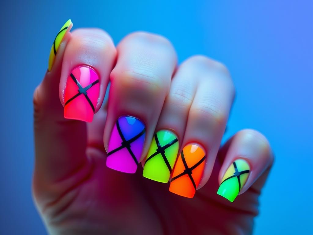 Paznokcie neonowe w różnych kolorach połączone jednakowym czarnym wzorem Paznokcie neonowe w różnych kolorach połączone jednakowym czarnym wzorem