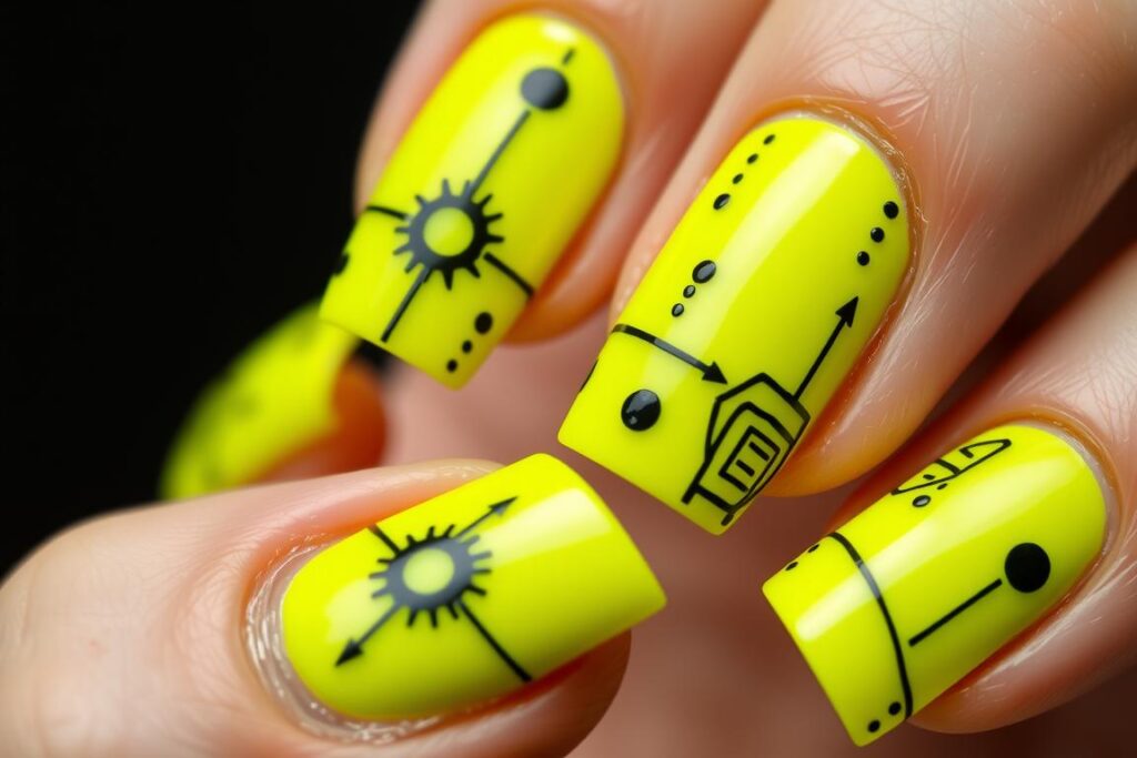 Paznokcie neonowe żółte z czarnym wzorem geometrycznym, kropkami i liniami Paznokcie neonowe żółte z czarnym wzorem geometrycznym, kropkami i liniami