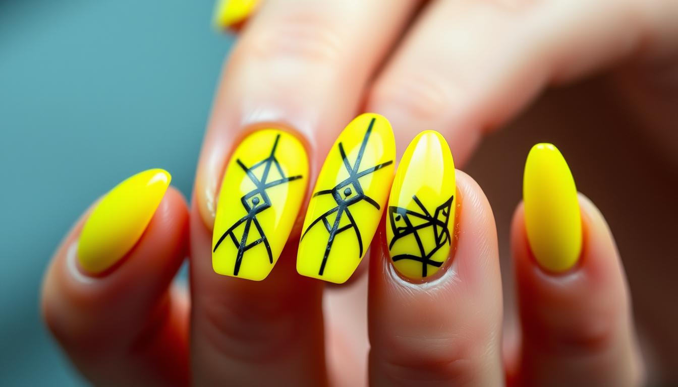 Paznokcie neonowe żółte z czarnym wzorem geometrycznym na długich paznokciach