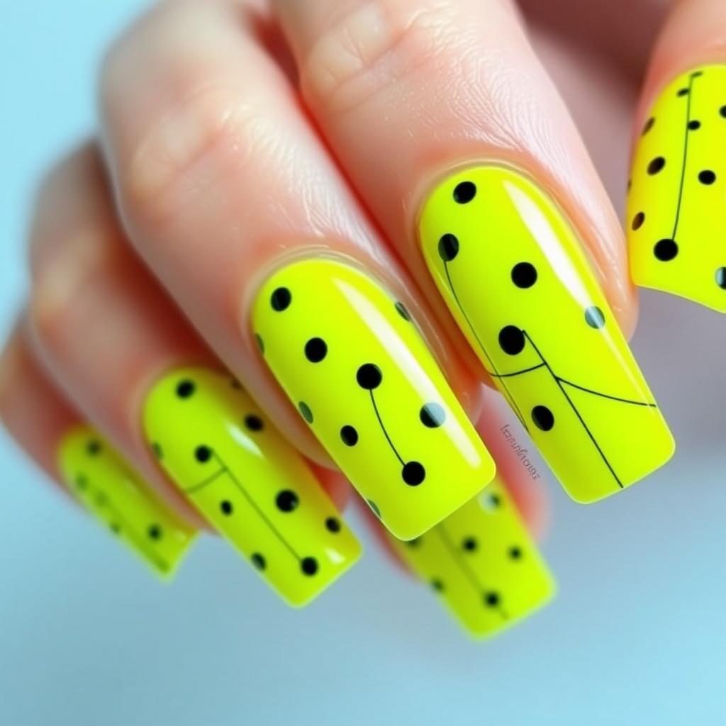 Paznokcie neonowe żółte z czarnym wzorem w formie kropek i linii Paznokcie neonowe żółte z czarnym wzorem w formie kropek i linii