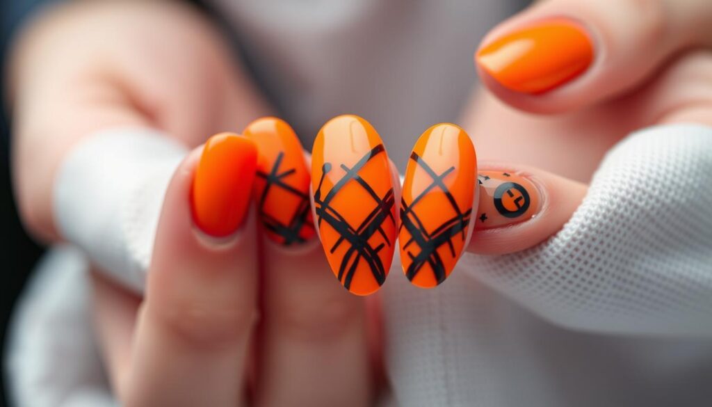 Paznokcie pomarańczowe neonowe z czarnym wzorem geometrycznym Paznokcie pomarańczowe neonowe z czarnym wzorem geometrycznym