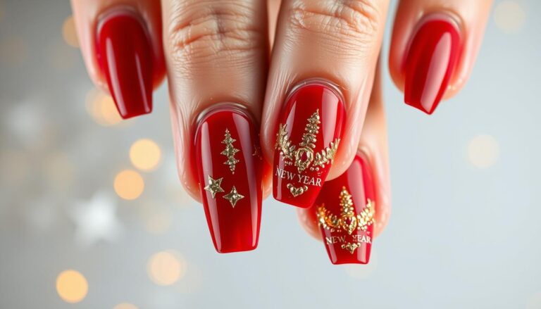 Paznokcie sylwestrowe w kolorze czerwonym ze złotymi akcentami