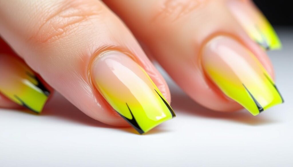 Paznokcie z neonowym żółtym french manicure i czarnymi akcentami Paznokcie z neonowym żółtym french manicure i czarnymi akcentami