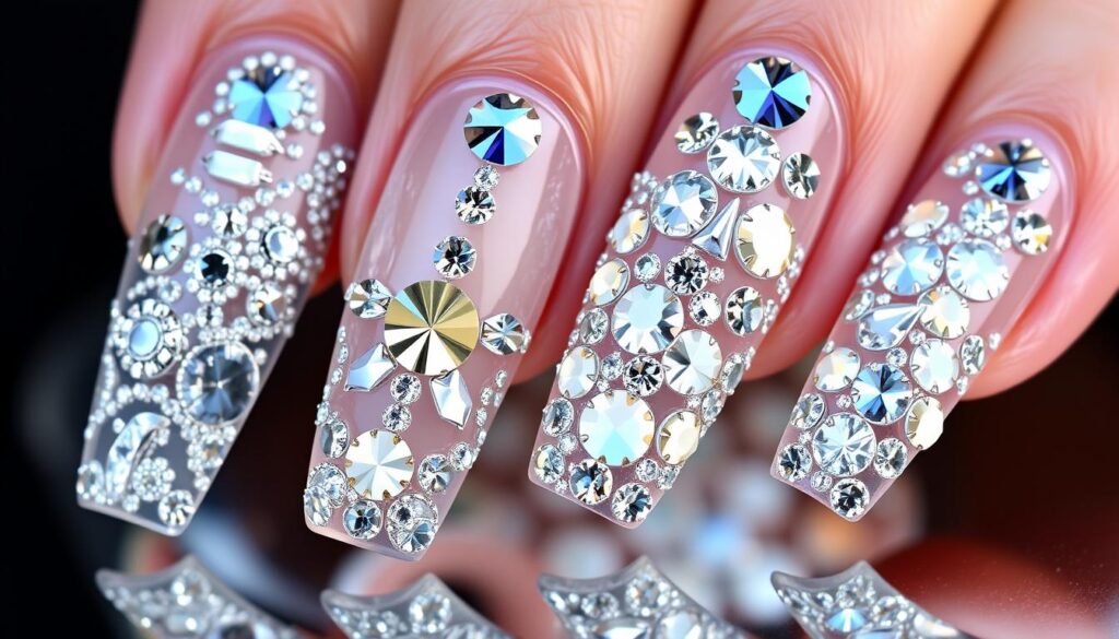 Paznokcie żelowe z cyrkoniami - efektowne zdobienia 3D Paznokcie żelowe z cyrkoniami - efektowne zdobienia 3D