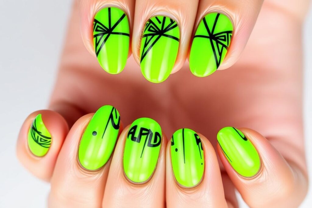 Paznokcie zielone neonowe z czarnym wzorem geometrycznym Paznokcie zielone neonowe z czarnym wzorem geometrycznym