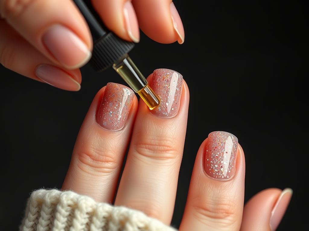 Pielęgnacja paznokci cielistych z brokatem Pielęgnacja paznokci cielistych z brokatem