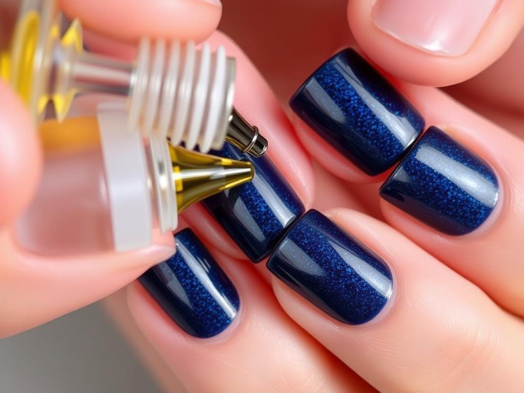 Pielęgnacja paznokci hybrydowych granatowych z brokatem Pielęgnacja paznokci hybrydowych granatowych z brokatem