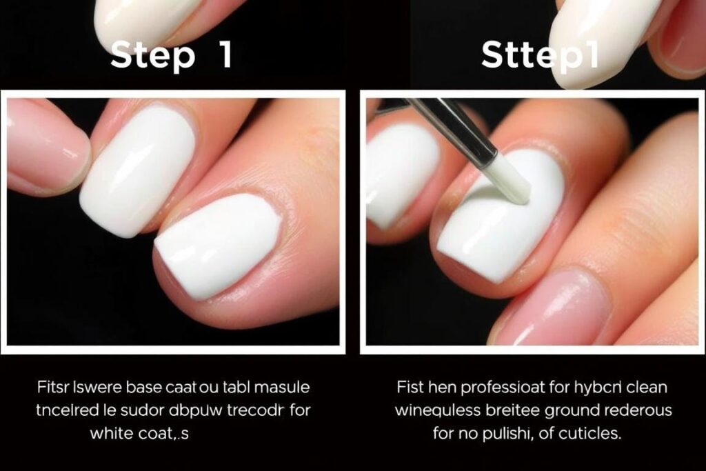 Proces nakładania białego lakieru bazowego pod paznokcie hybrydowe marmurkowe Proces nakładania białego lakieru bazowego pod paznokcie hybrydowe marmurkowe