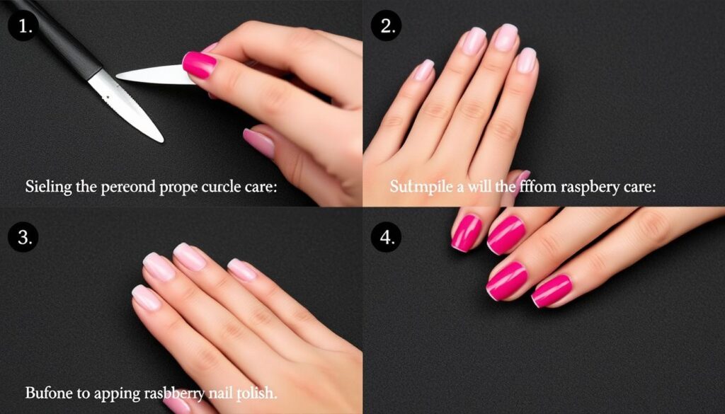 Proces przygotowania paznokci do stylizacji malinowej z brokatem Proces przygotowania paznokci do stylizacji malinowej z brokatem