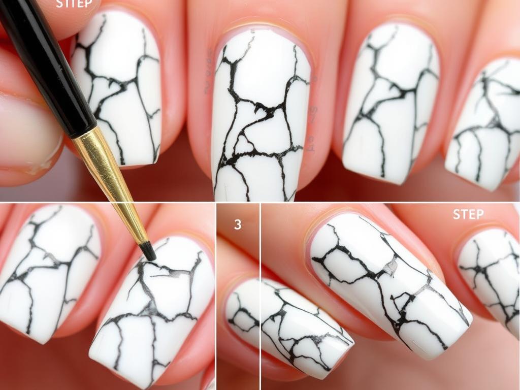 Proces tworzenia wzoru marmurkowego na paznokciach hybrydowych Proces tworzenia wzoru marmurkowego na paznokciach hybrydowych
