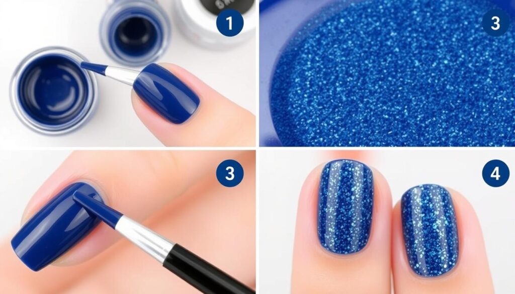 Proces wykonania paznokci hybrydowych granatowych z brokatem Proces wykonania paznokci hybrydowych granatowych z brokatem