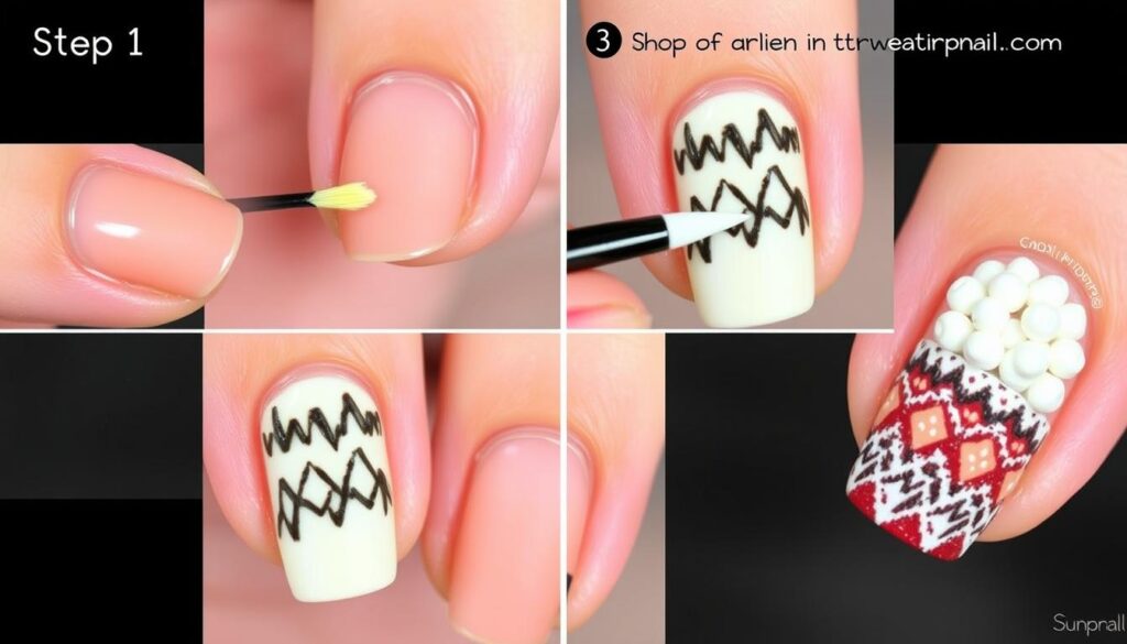 Proces wykonywania paznokci hybryda sweterek - kolejne etapy tworzenia wzoru Proces wykonywania paznokci hybryda sweterek - kolejne etapy tworzenia wzoru