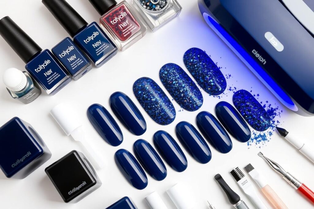Produkty do wykonania paznokci hybrydowych granatowych z brokatem Produkty do wykonania paznokci hybrydowych granatowych z brokatem